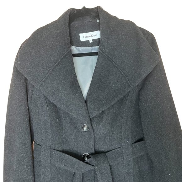 Calvin Klein Size 12 Wool Blend Winter Coat Dark Charcoal Gray Peacoat Belted - Picture 3 of 8